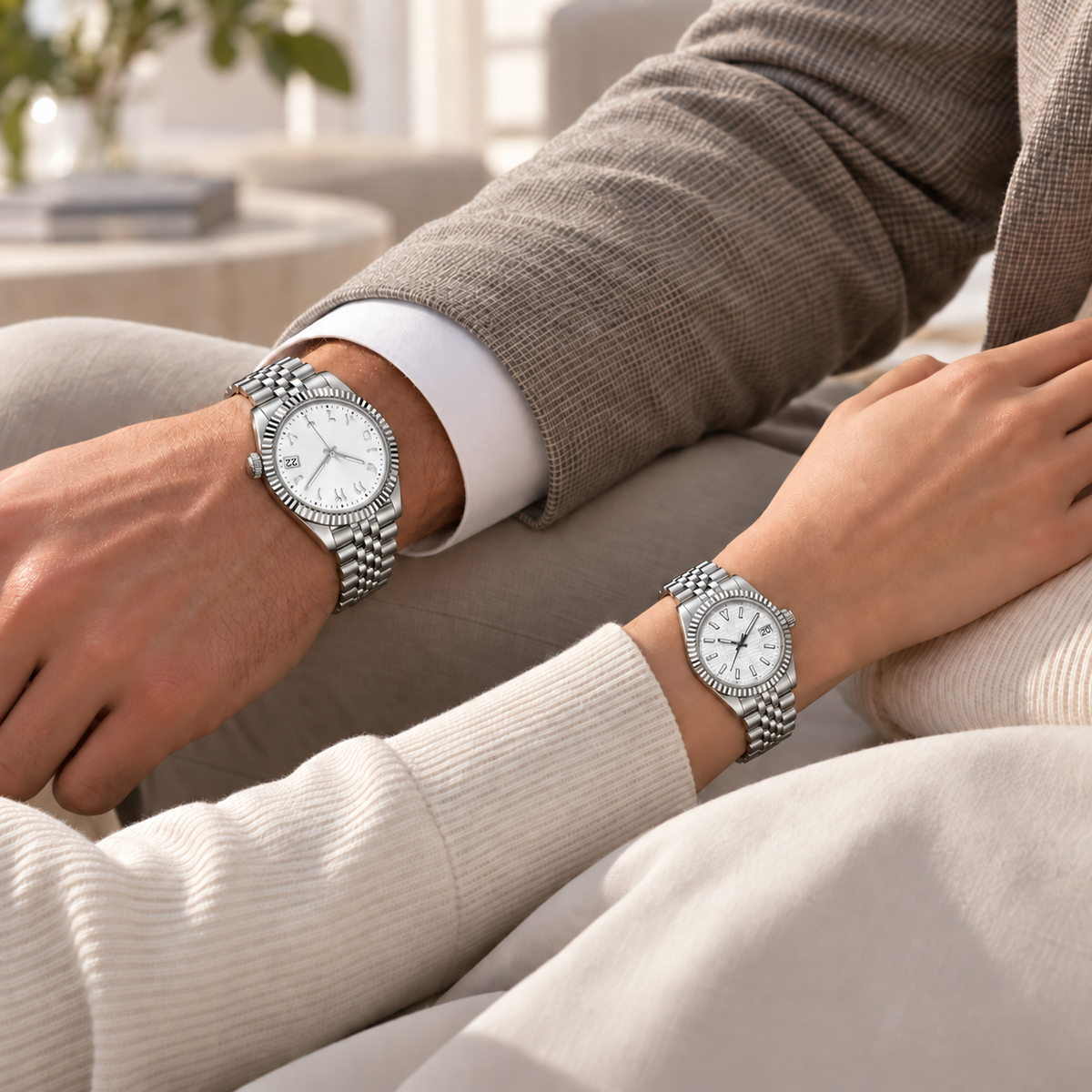 Alpine White couple watches worn naturally with correctly oriented faces