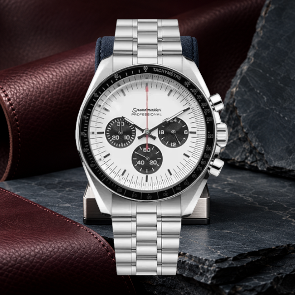 Speedline Chronograph Apollo supported on a steel stand with burgundy leather and slate