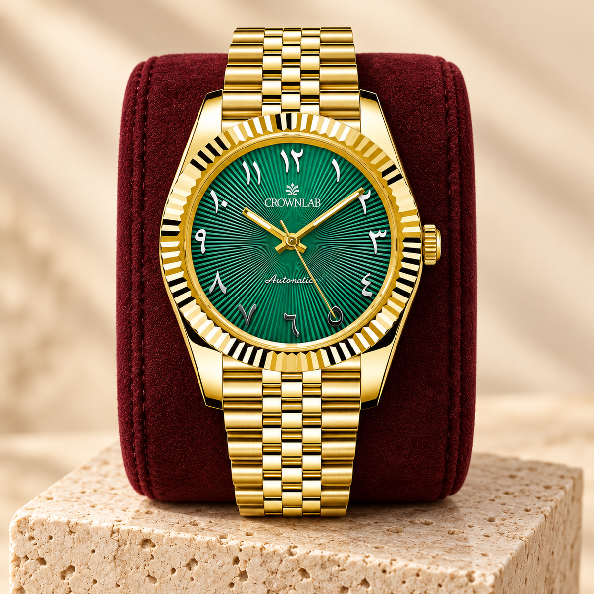 Arabic Heritage Edition Emerald & Gold on burgundy suede display