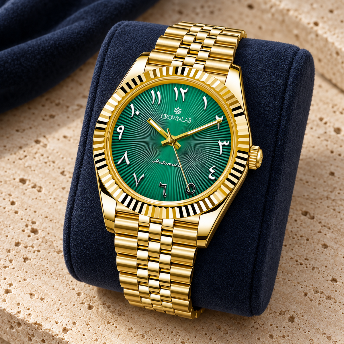 Arabic Heritage Edition Emerald & Gold on navy suede cushion