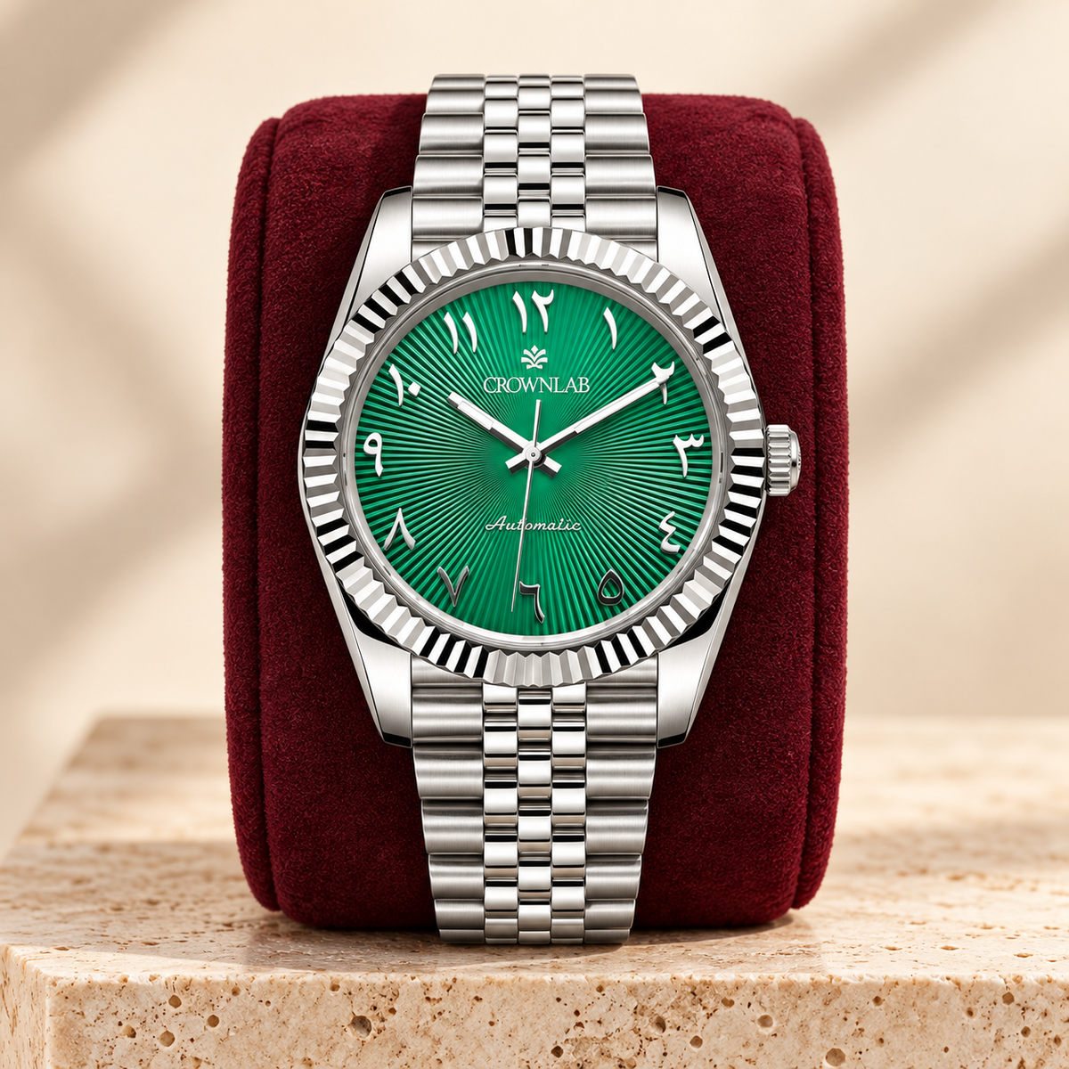Arabic Heritage Edition Emerald Sunray Steel Bracelet on burgundy suede display