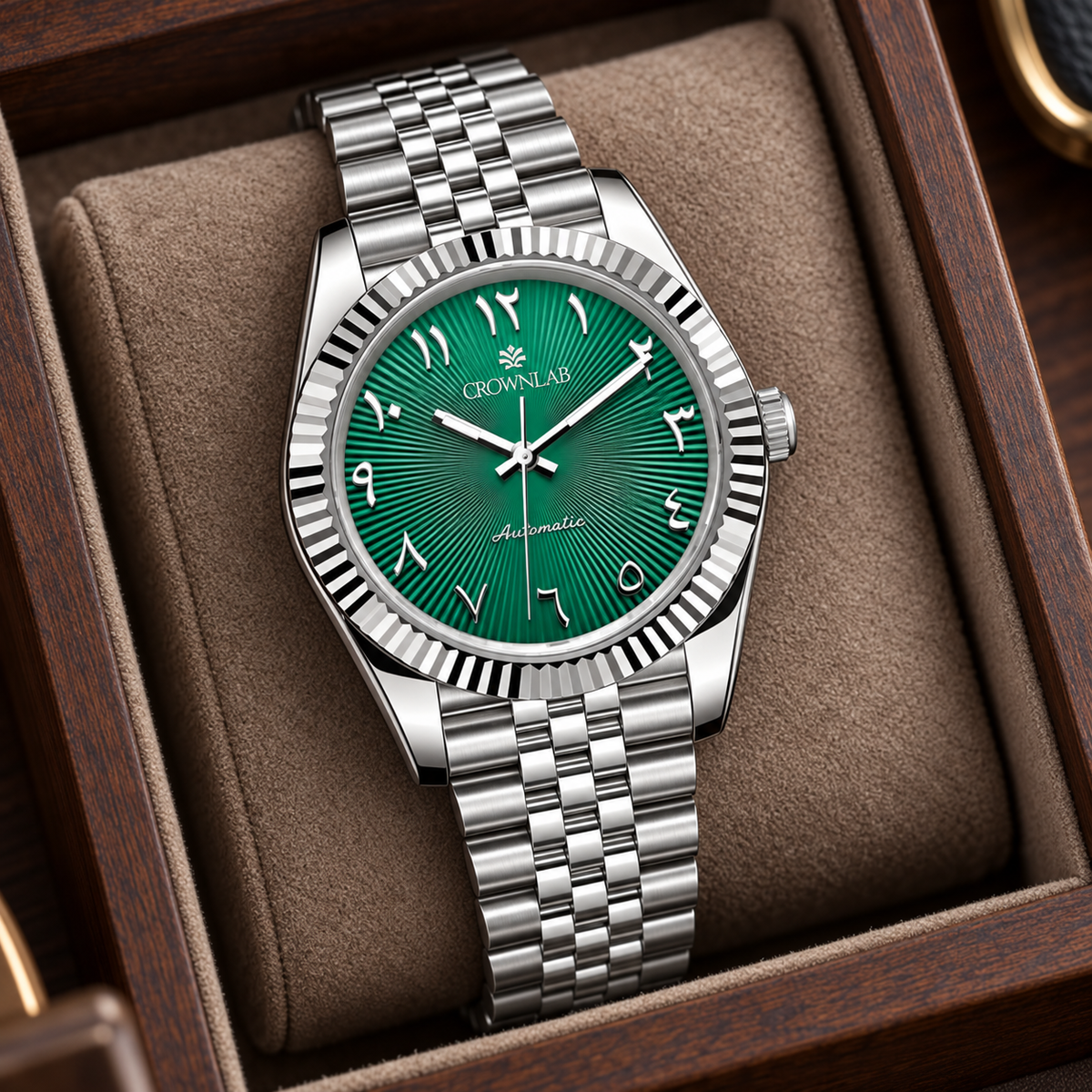 Arabic Heritage Edition Emerald Sunray Steel Bracelet in walnut suede-lined tray