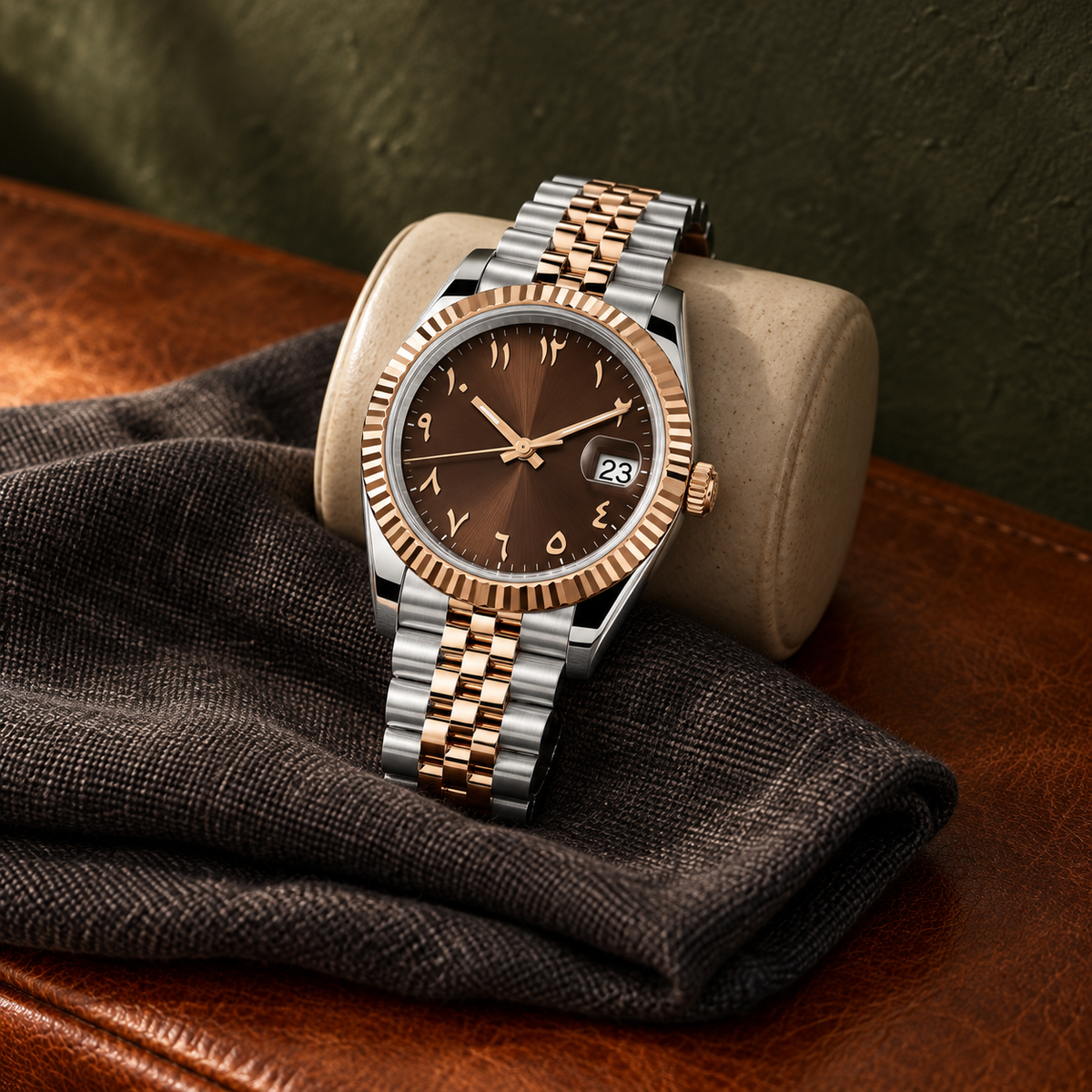 Chocolate and rose-gold Arabic dial watch on forest-green suede and travertine