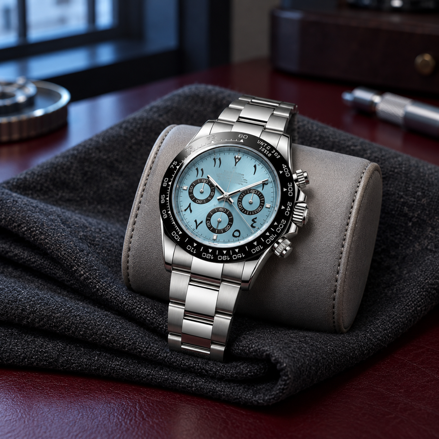 Ice blue chronograph watch on navy leather cushion over peach stone