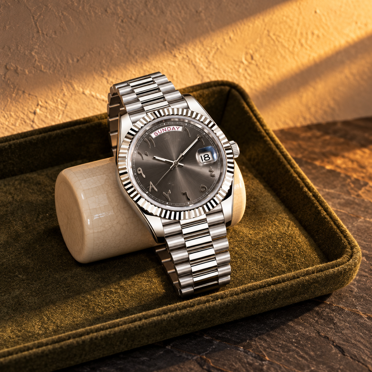 Grey day calendar watch on olive felt and slate with ceramic support