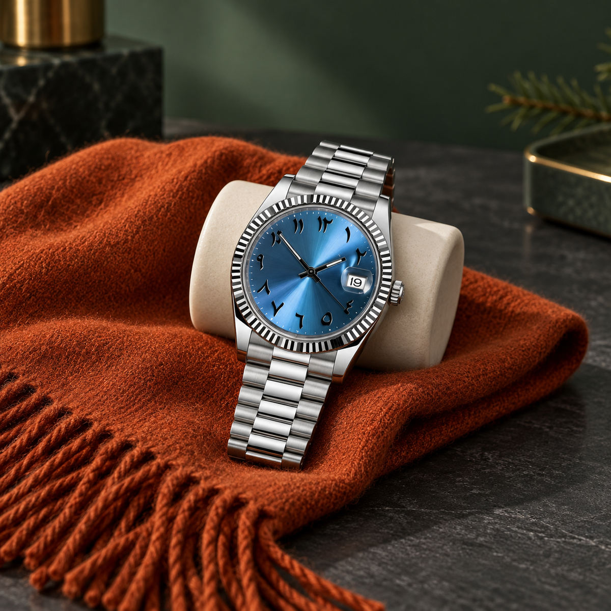 Blue sunray Arabic watch on lilac suede tray over dark teal lacquer