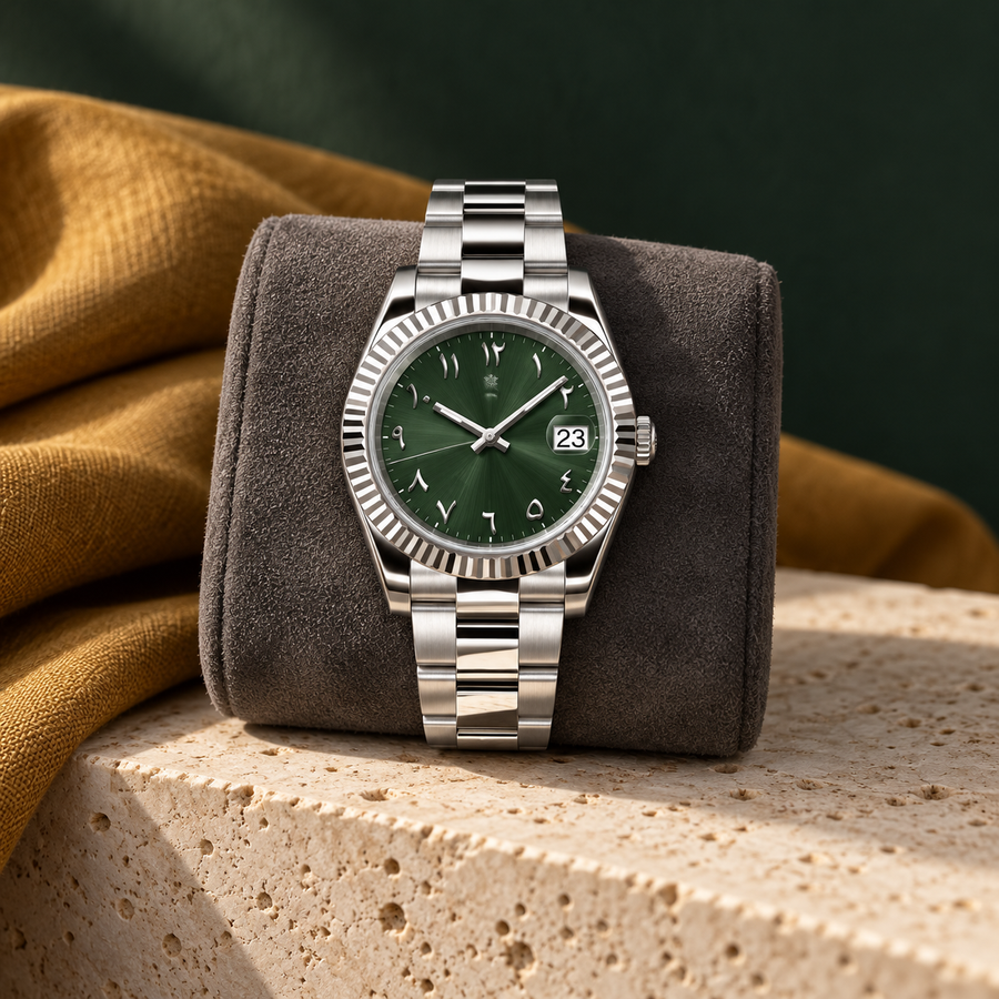 Forest green dial watch on graphite suede and limestone with mustard linen