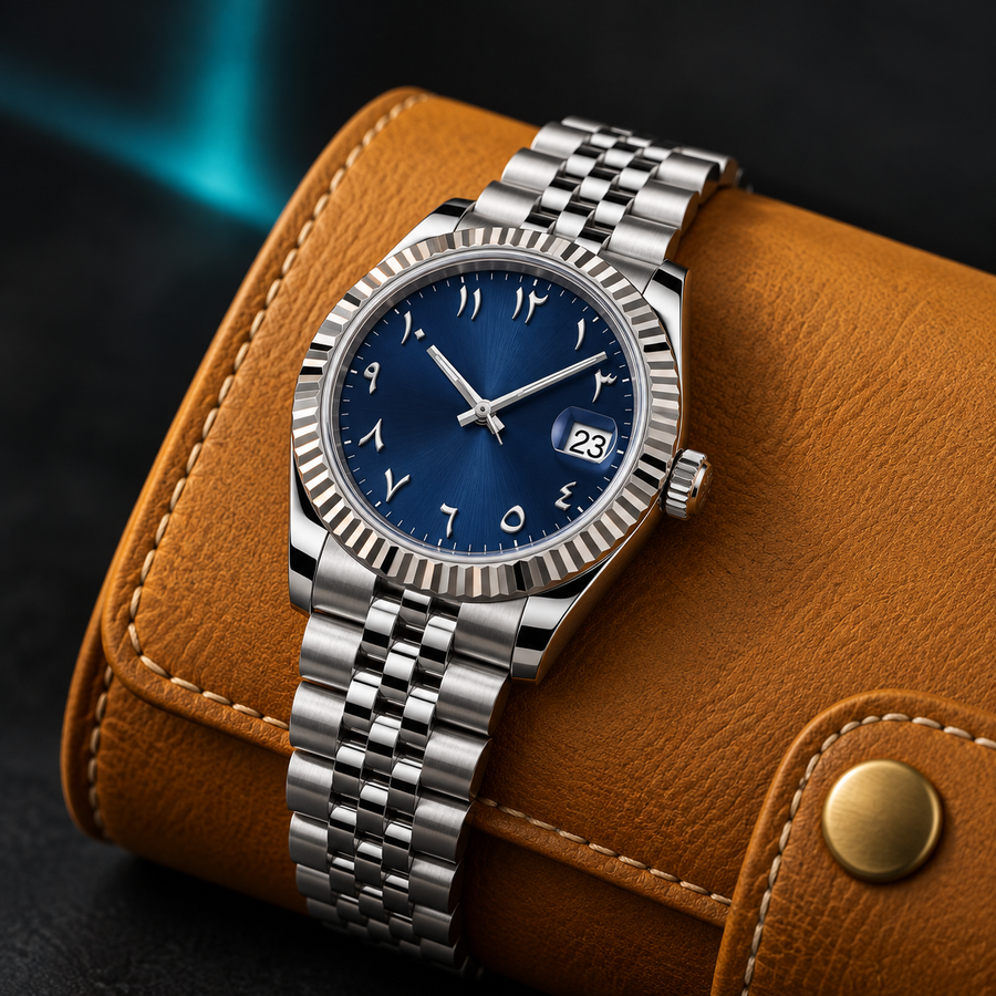 Navy blue Arabic numeral watch on burnt-orange suede over concrete