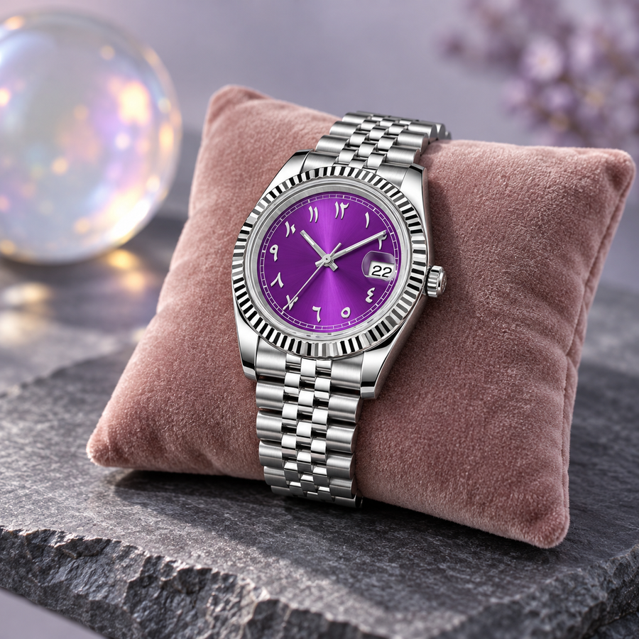 Royal purple Arabic numeral watch on dark green silk and limestone