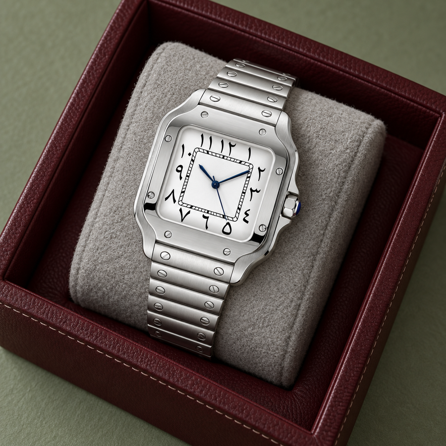 Square white Arabic dial watch on navy felt over pale sandstone and clay wall