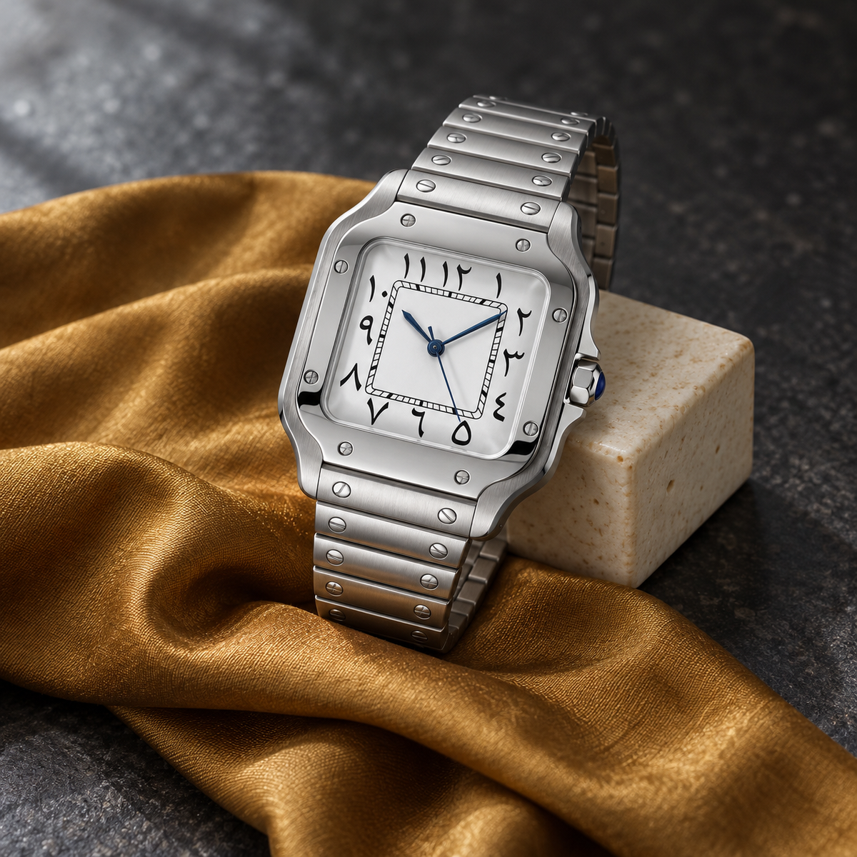 Square watch on ochre silk over dark basalt with ceramic support