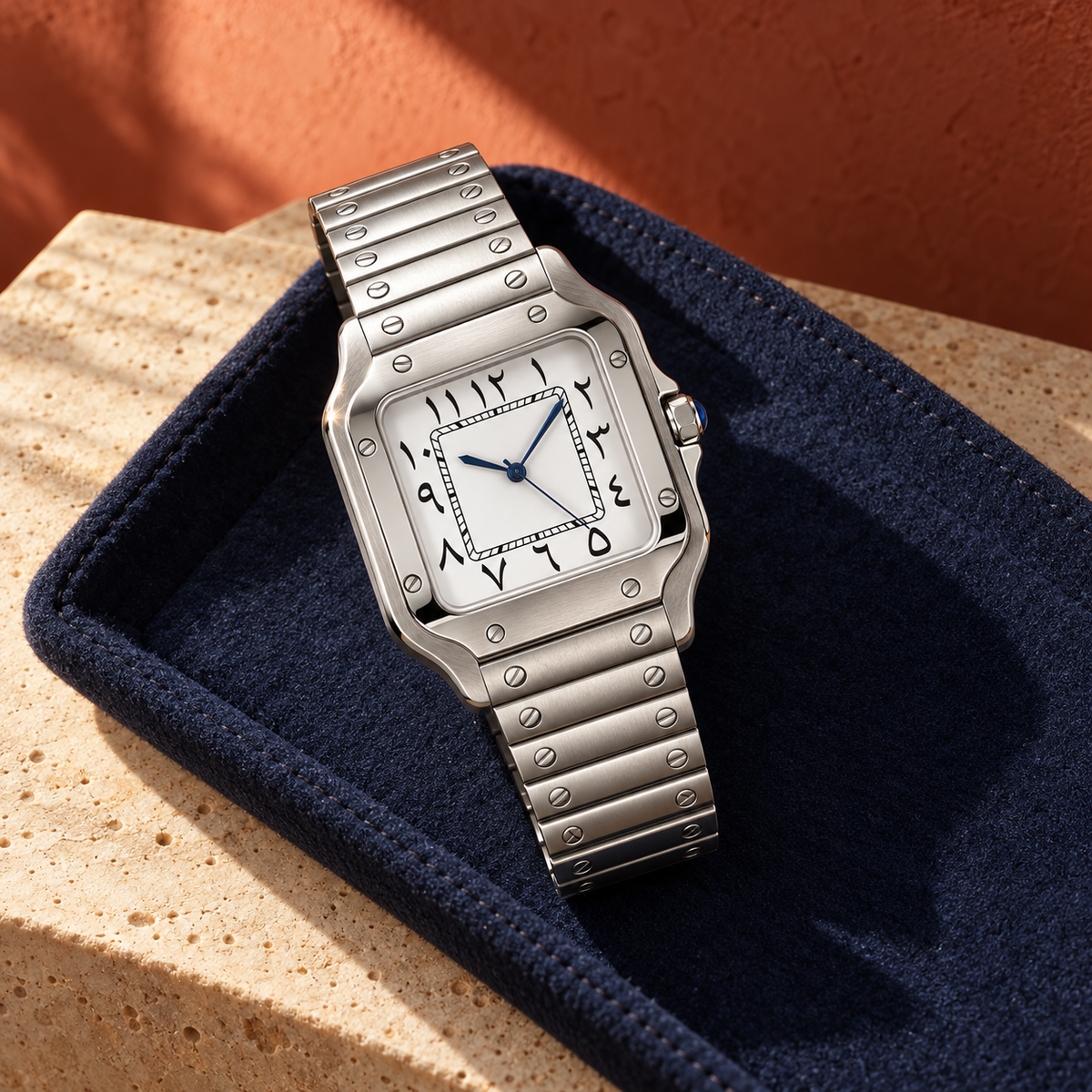 Alpine white square watch on gray felt cushion in burgundy tray