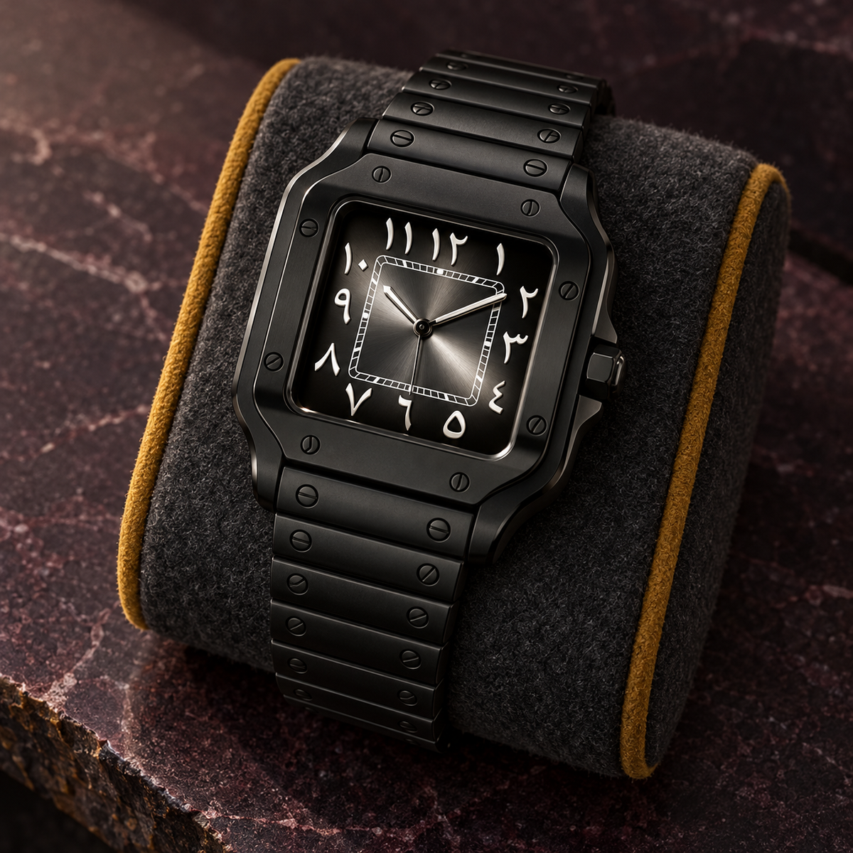 Midnight stealth square Arabic dial watch on graphite felt and plum stone