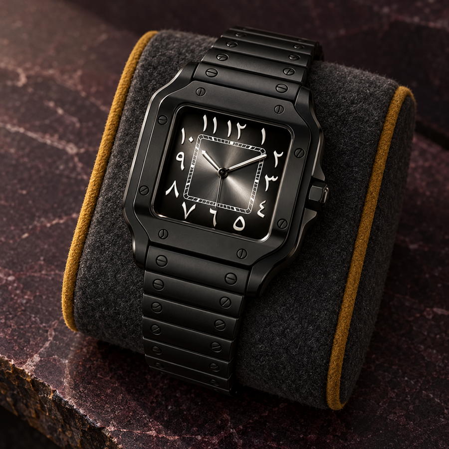 Midnight stealth square Arabic dial watch on graphite felt and plum stone