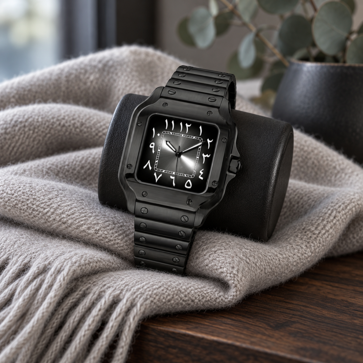 Midnight black square watch in cobalt tray on rust stone
