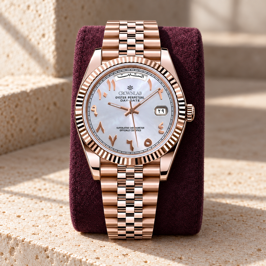 Pearl Rose Gold Arabic day calendar on plum suede and limestone