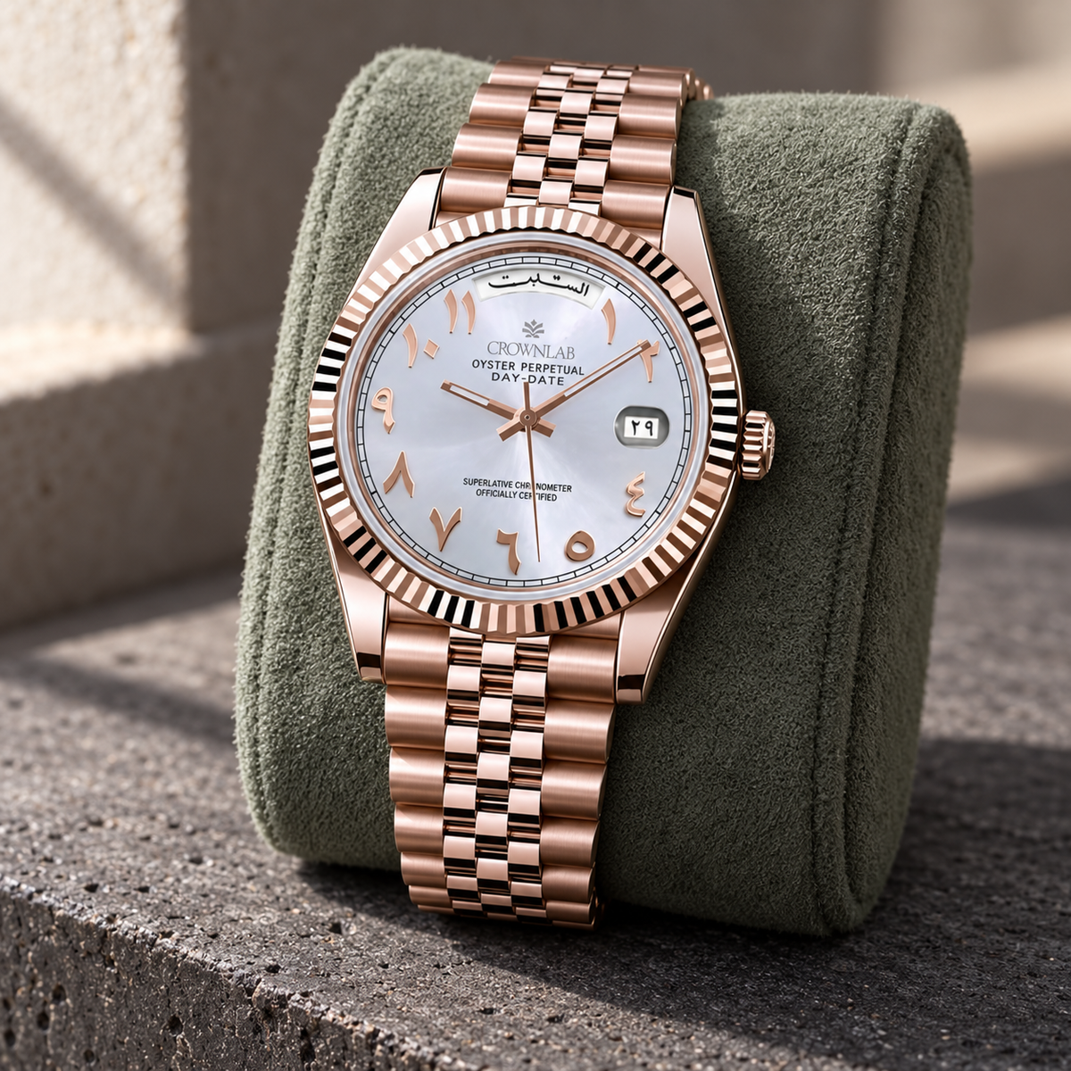 Pearl Rose Gold Arabic day calendar on sage suede and charcoal stone