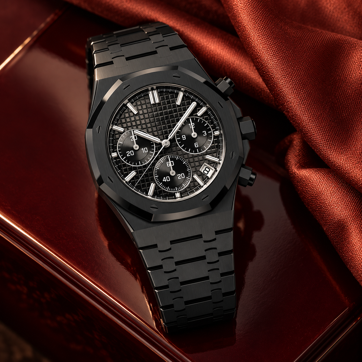 Black Phantom chronograph on oxblood lacquer with red silk