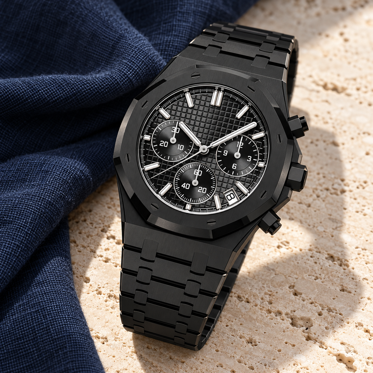 Black Phantom integrated chronograph on pale travertine and navy linen