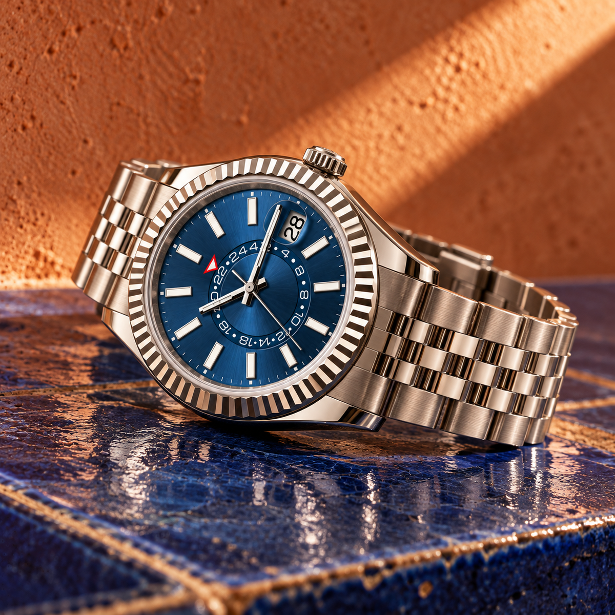 Celestial Calendar Abyss Blue crown and case detail on cobalt ceramic and terracotta