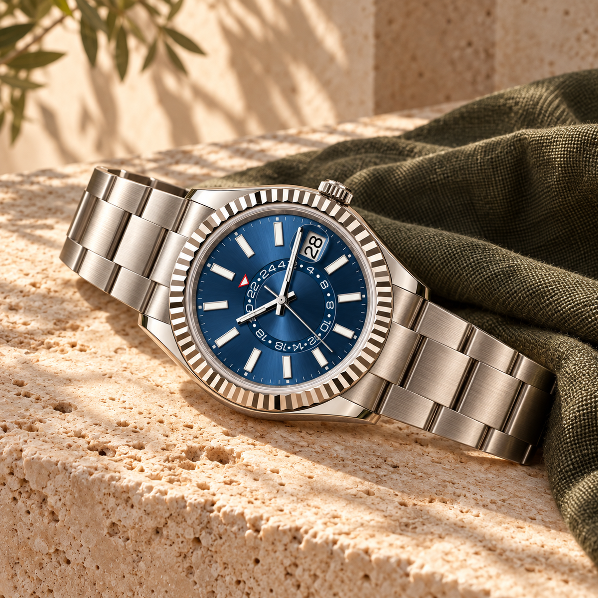 Celestial Calendar Abyss Blue three-link bracelet on travertine and olive linen