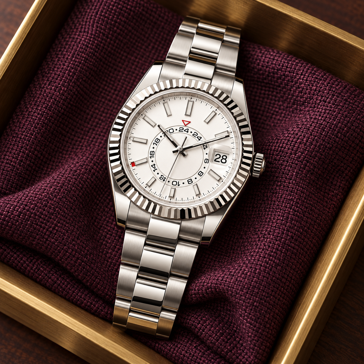 Ghost-white Celestial Calendar with three-link steel bracelet on plum fabric in a brass valet tray