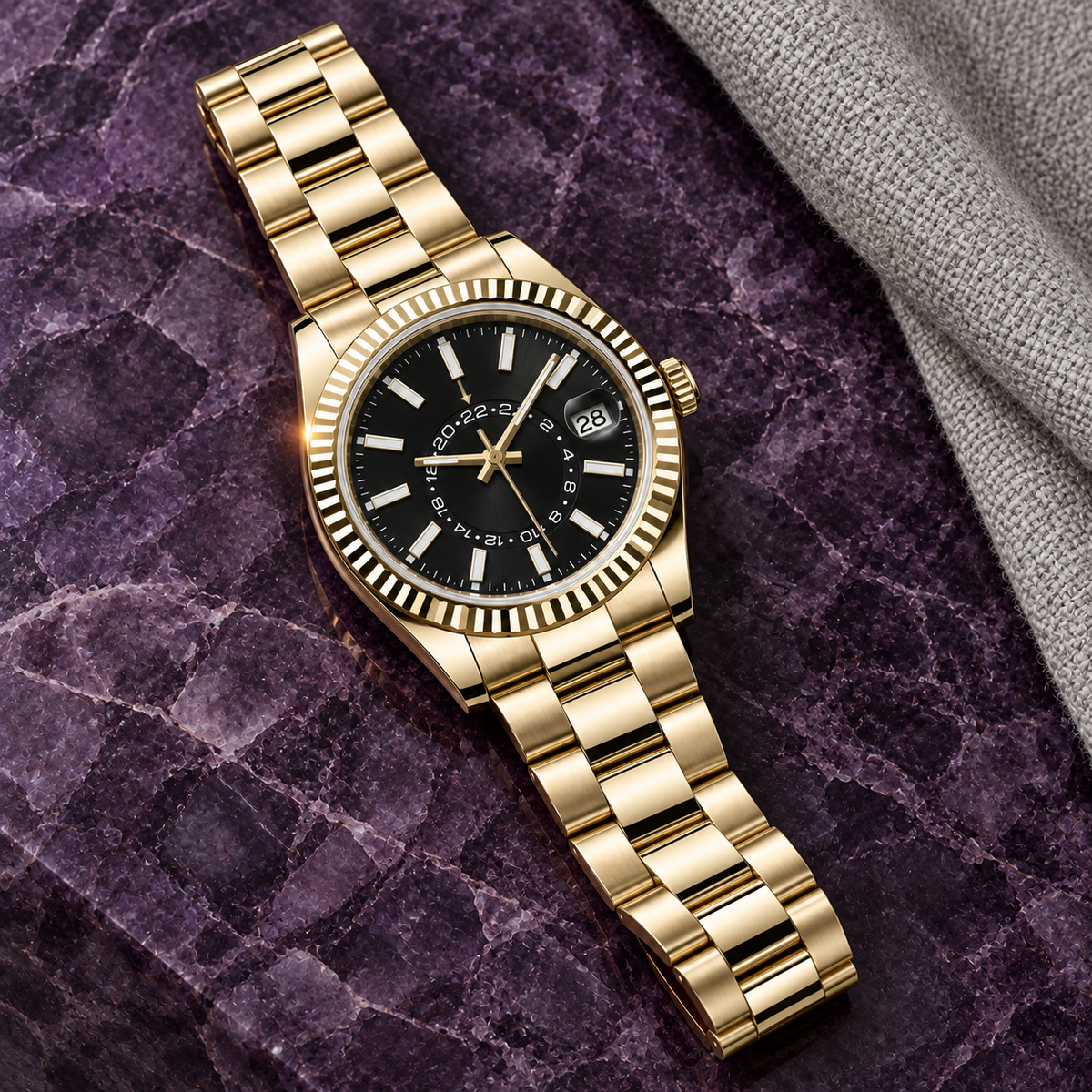 Imperial Gold Celestial Calendar three-link bracelet on amethyst stone