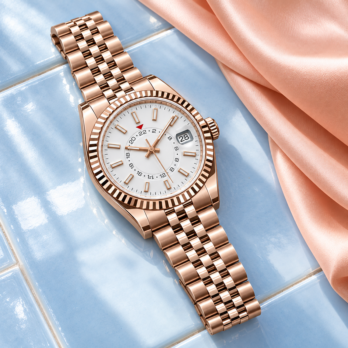 Rose-gold Celestial Calendar Jubilee bracelet on blue porcelain and peach silk