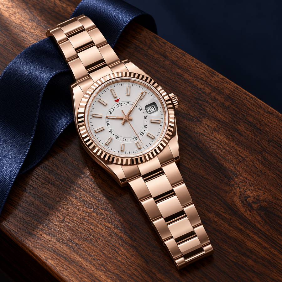 Rose-gold Celestial Calendar three-link bracelet on walnut with navy silk