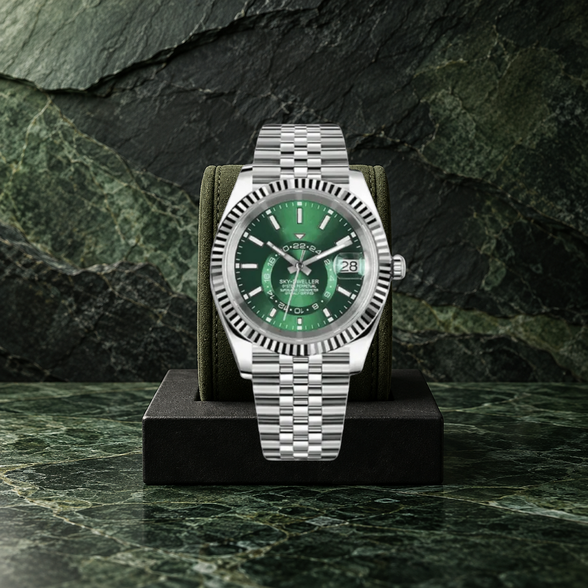 Celestial Calendar Crystal Green on an olive suede cushion against green slate