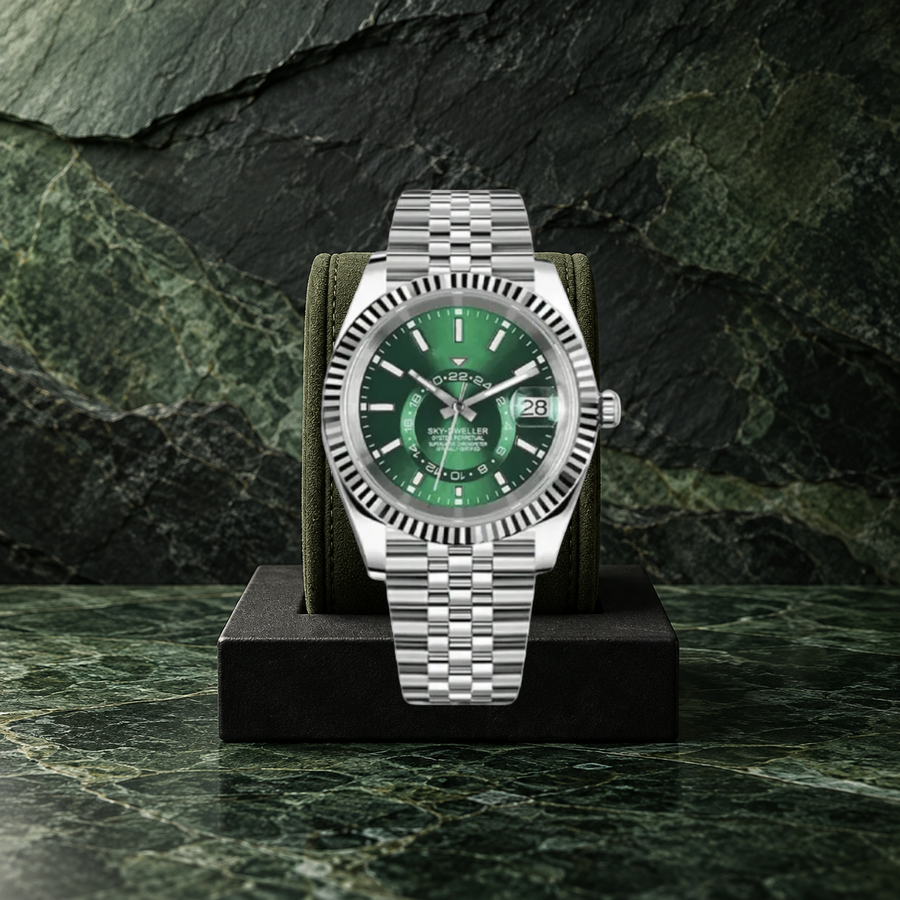 Celestial Calendar Crystal Green on an olive suede cushion against green slate