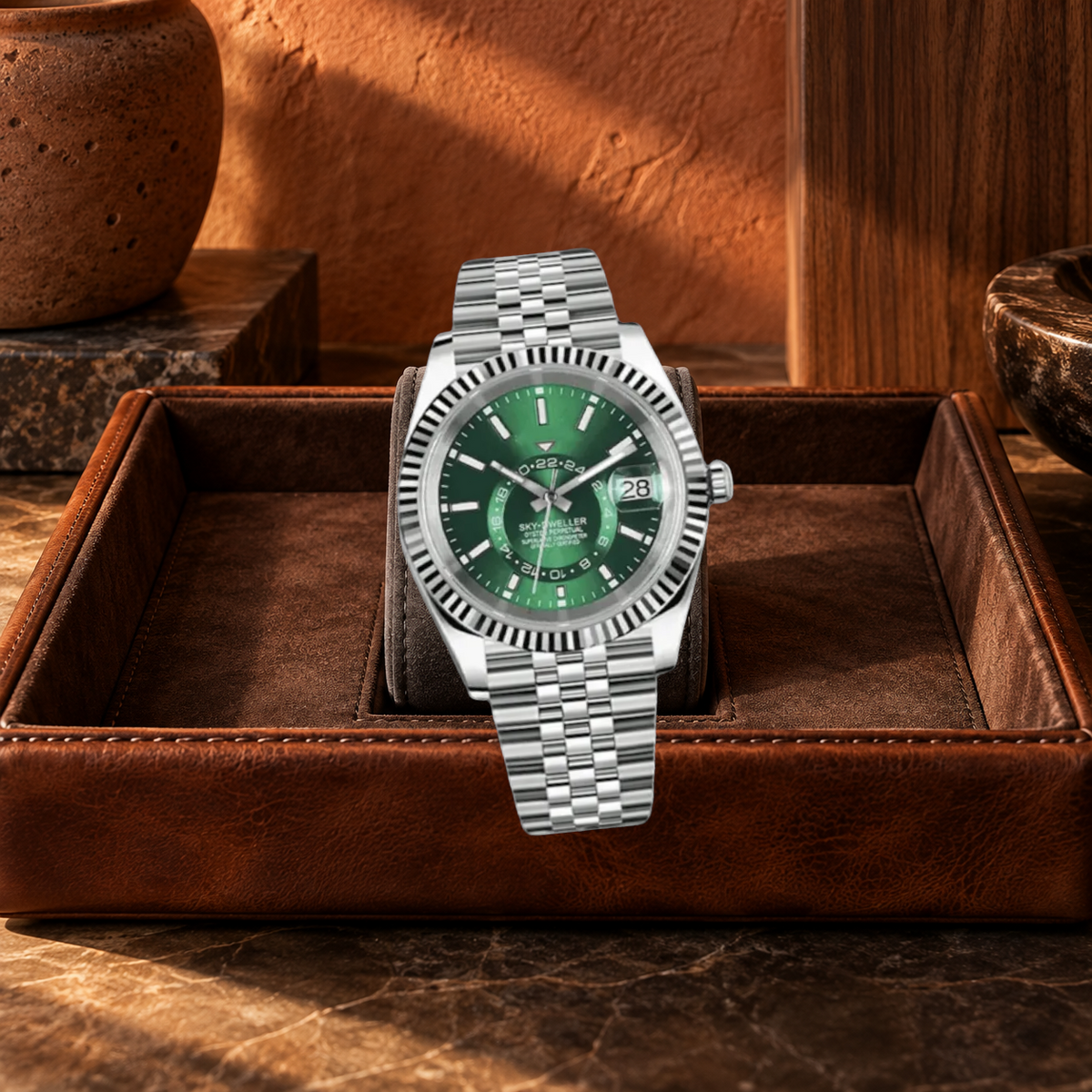 Celestial Calendar Crystal Green displayed on charcoal suede in a burnt-umber leather tray