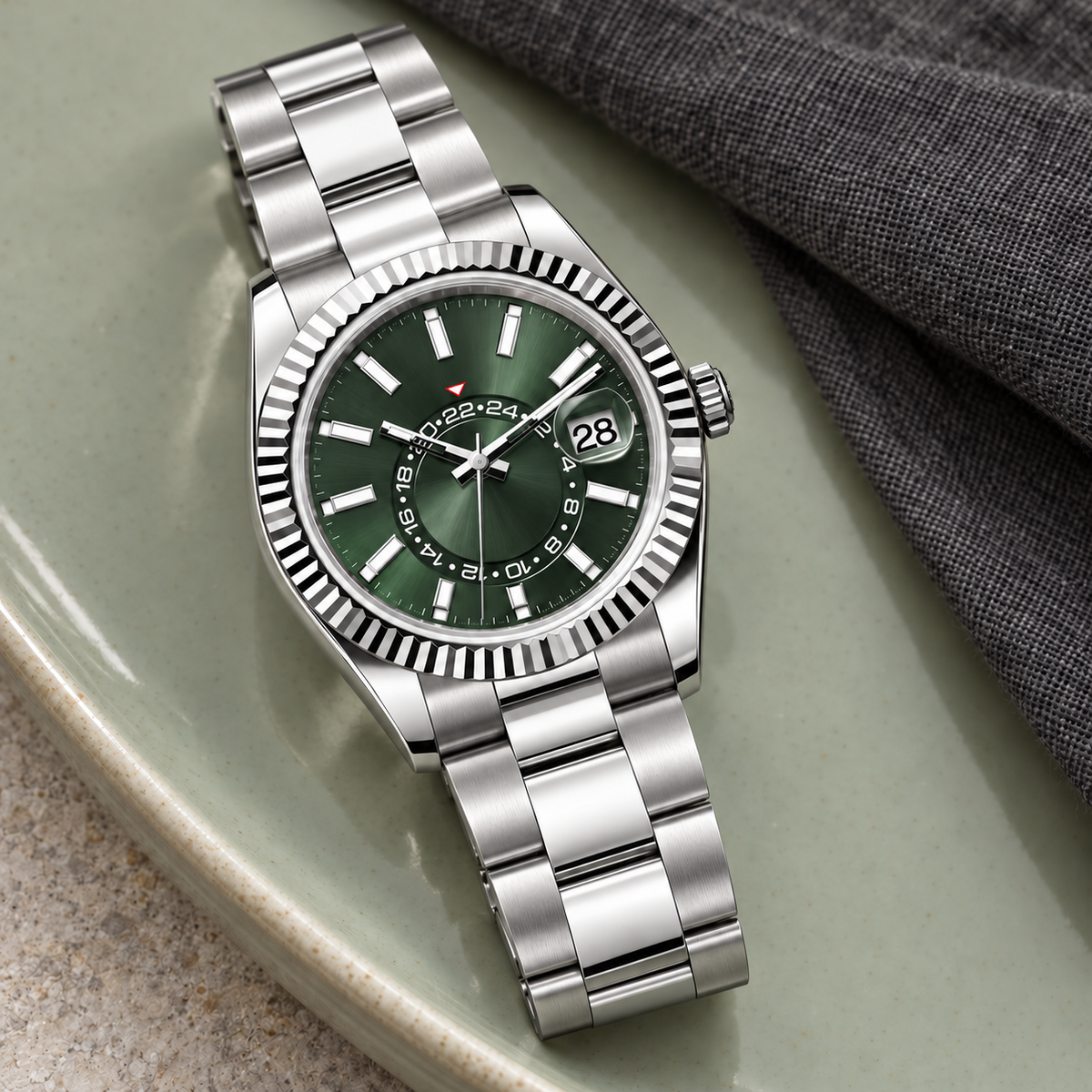 Celestial Calendar Mint Green with Three-Link steel bracelet on sage ceramic