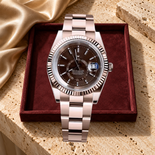 Celestial Calendar Rose Gold and Champagne in a burgundy suede tray on travertine