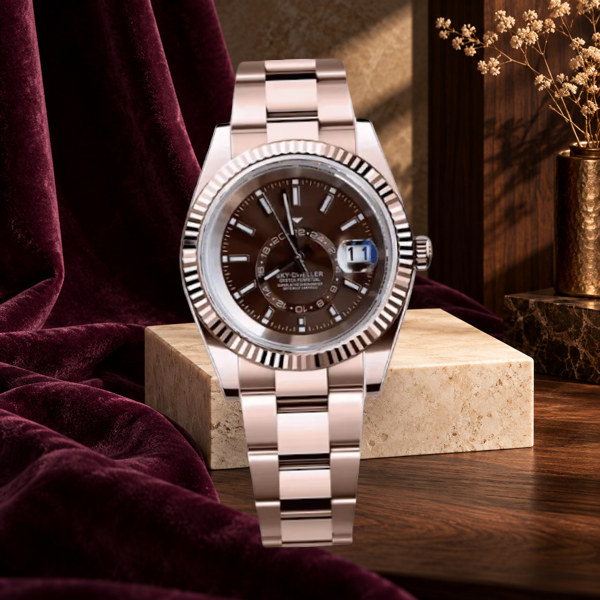 Celestial Calendar Rose Gold and Champagne on a pale stone plinth beside plum velvet and walnut