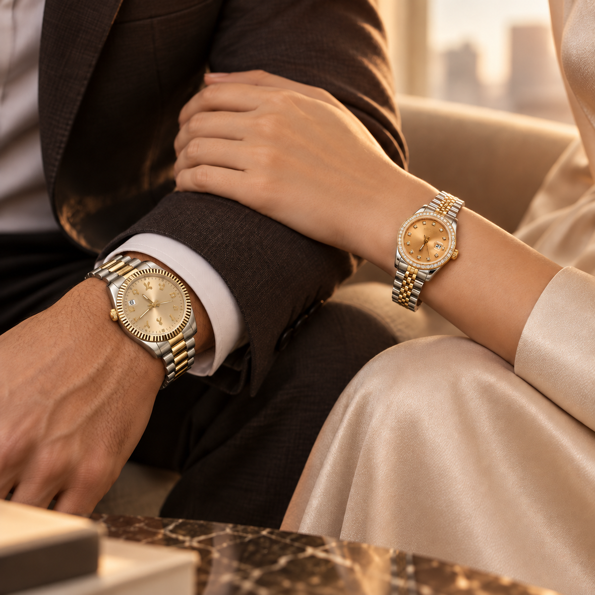 Champagne Gold couple watches worn naturally with the men's face turned correctly