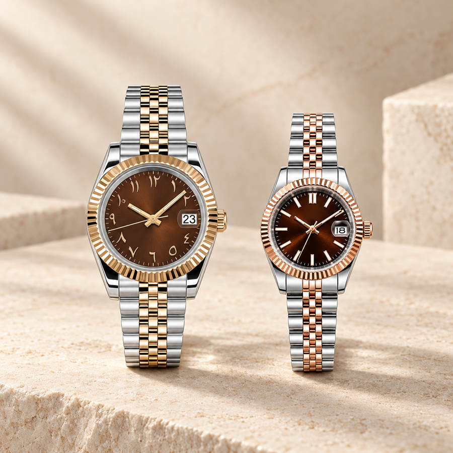 Chocolate Rose Gold couple watches paired hero — His and Hers