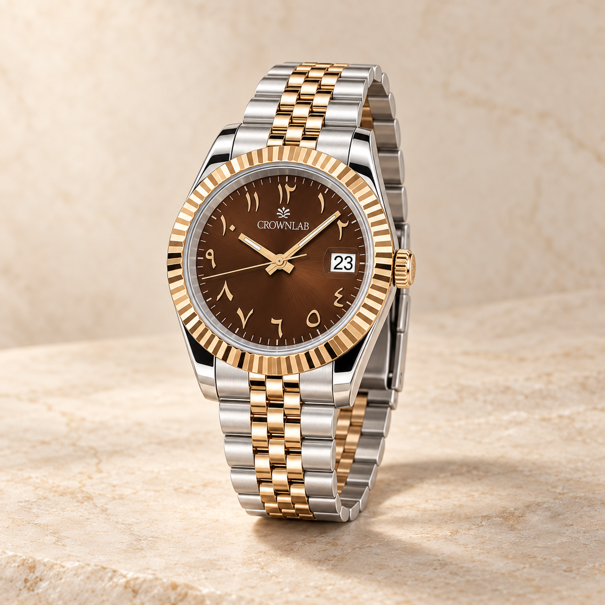 His Chocolate Rose Gold Arabic numeral watch with date 23