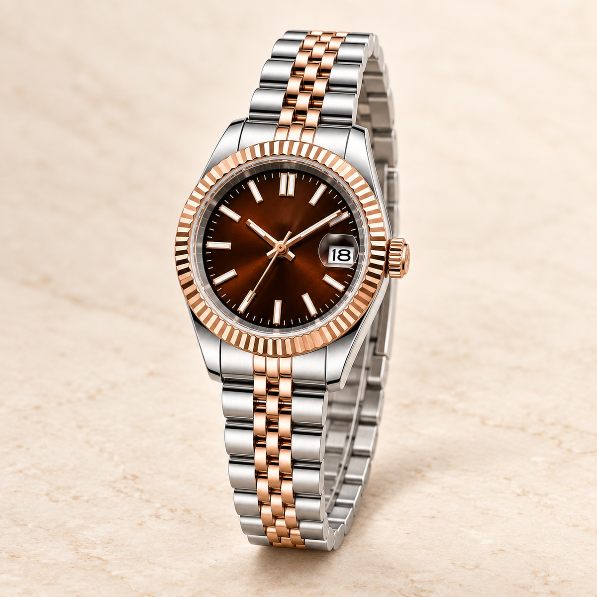 Hers Chocolate Rose Gold baton watch with date 18