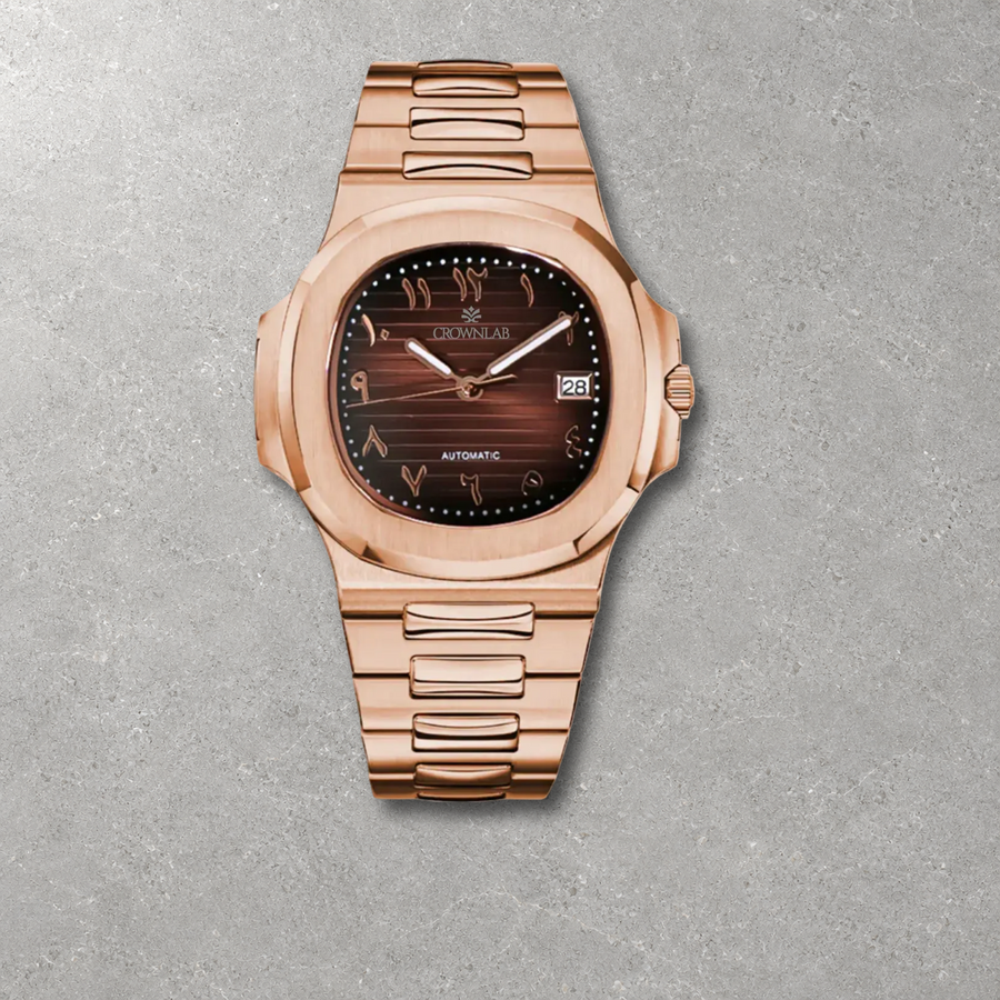 Chocolate Rose Arabic dial watch on cool grey honed stone