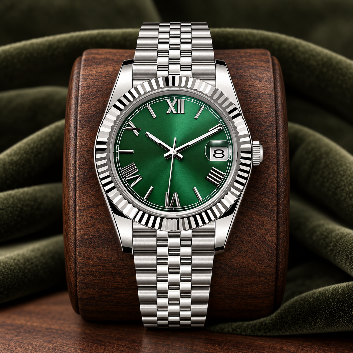 Forest-green Roman numeral date watch with Jubilee bracelet on walnut display cushion