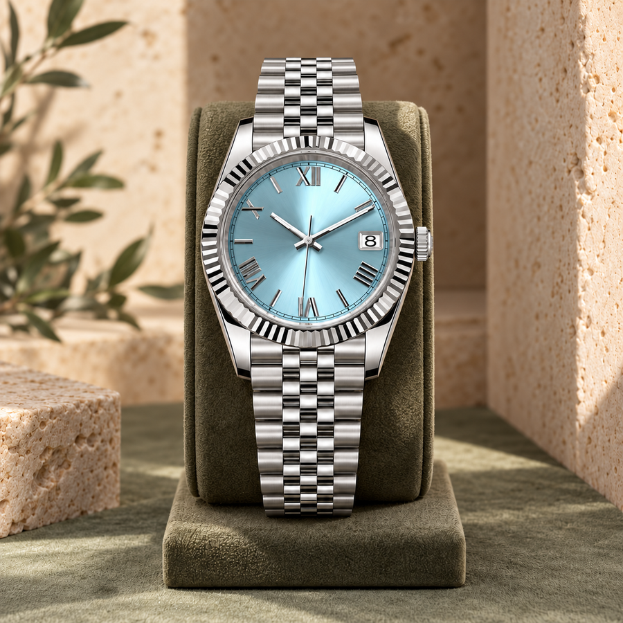 Crown Numeral Date Ice Blue on sage leather stand with Jubilee bracelet