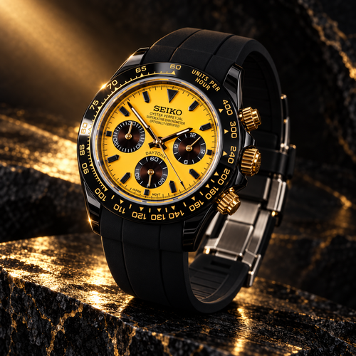 CrownLab Sahara Racer vivid yellow chronograph with black rubber strap and gold accents, marble studio angle