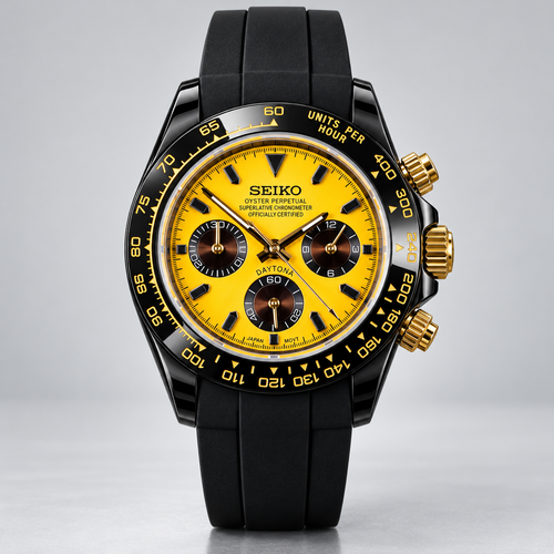 CrownLab Sahara Racer vivid yellow dial with black silicone strap, studio front view
