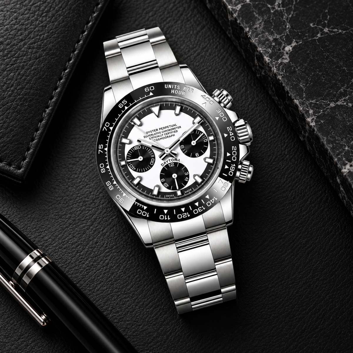 CrownLab Speedline Chronograph black ceramic bezel and white panda dial, luxury leather flat lay
