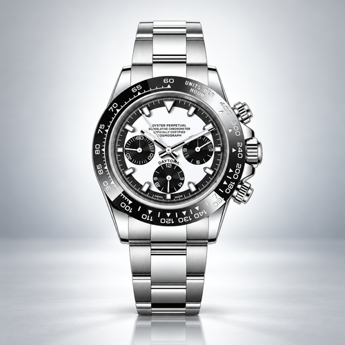 CrownLab Speedline Chronograph Stealth Black and Ghost White, front studio view with stainless steel bracelet