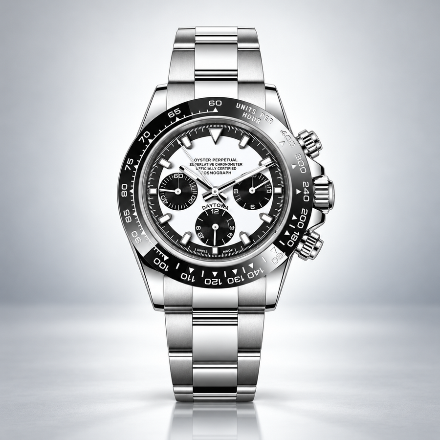 CrownLab Speedline Chronograph Stealth Black and Ghost White, front studio view with stainless steel bracelet