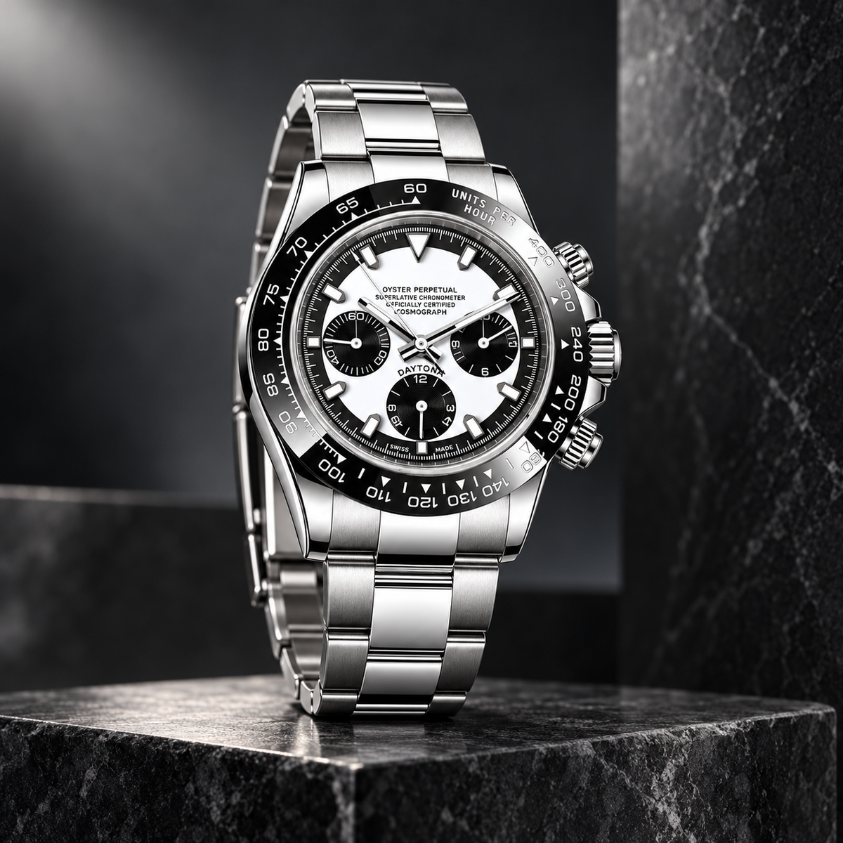 CrownLab Speedline Chronograph white panda dial, angled studio view standing on dark marble
