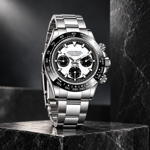 CrownLab Speedline Chronograph white panda dial, angled studio view standing on dark marble