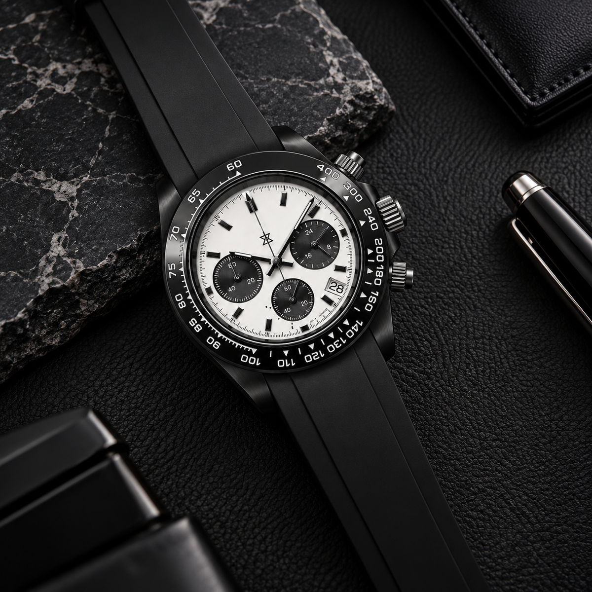 CrownLab Stealth Monochrome chronograph with matte black case and rubber strap on black leather